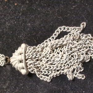 Vintage Monet white enamel metal pendant tassel necklace 24”